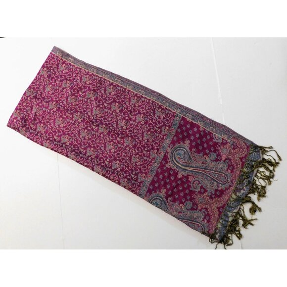 Vintage Paisley Scarf Wrap Shawl 71" X 28" Purple Gold 3" Fringe Boho Chic - Picture 9 of 9